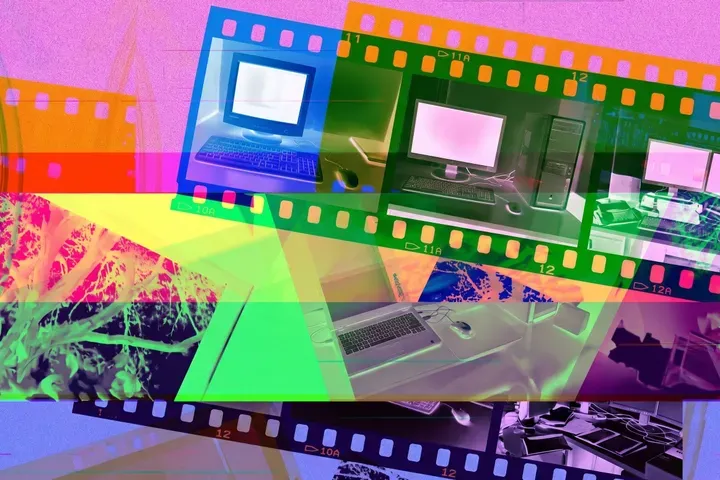 Montage coloré de postes informatiques et écrans variés, parc d'une PME diagnostiqué
